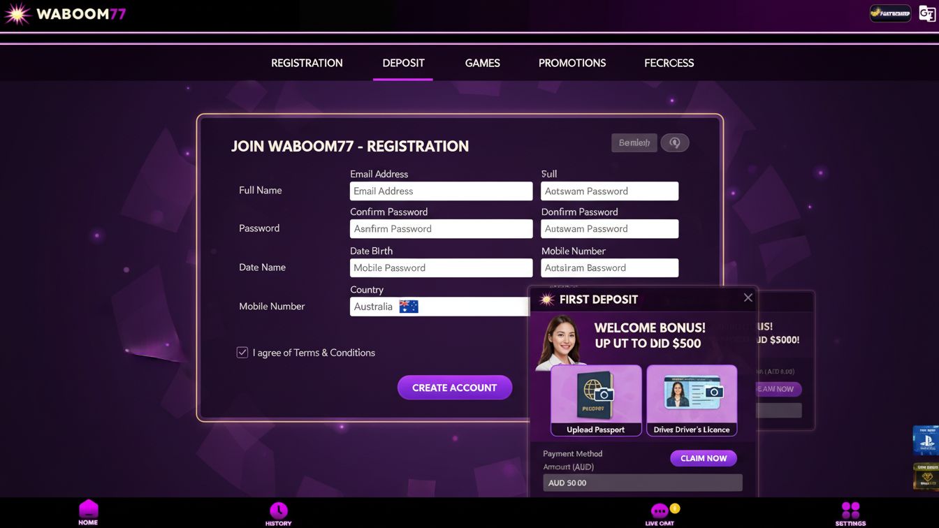 Casino signup and first deposit with AUD welcome bonus